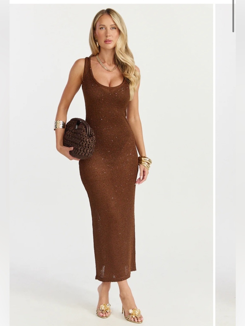 Showpo Jenna Maxi Dress Scoop Neck Sleeveless Sequin Knit Dress In Chocolate - Picture 5 of 12